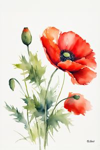 The delicate beauty of poppies is captured in this elegant watercolour print, showcasing the vibrant red and orange hues of the petals. This understated artwork is a perfect way to bring a touch of nature's tranquillity into your home, creating a serene atmosphere in any room.