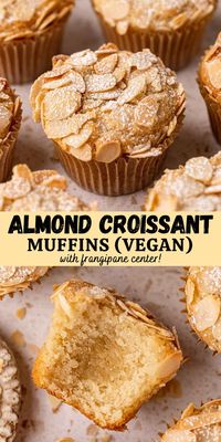 Soft vegan almond muffins inspired by almond croissants, with a gooey frangipane filling and crunchy almond topping. They taste like almond croissants but in an easy muffin form!