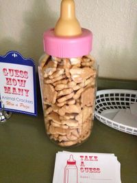 baby shower game. Guess how many animal crackers are in the bottle.