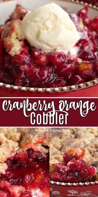 Cranbery Orange Cobbler is a homemade cobbler recipe made with fresh cranberries bursting with a sweet, tart flavor, with the hint of orange throughout, then topped with a delicious cobbler topping. #cranberryorange #dessertrecipes #baking #holidaybaking #greatgrubdelicioustreats