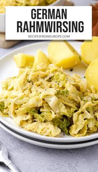 Rahmwirsing is a traditional German side dish of creamed savoy cabbage that is rich, comforting, and delicious. It is made with savoy cabbage, onion, butter, flour, broth, cream, and nutmeg. You can serve it with potatoes, bread dumplings, or various meats, such as sausage and pork.