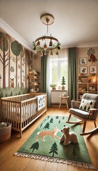 Give your baby's room a sophisticated look with these 21 elegant nursery decor ideas. --- A cozy nursery with a woodland animals theme, featuring a wooden crib with forest animal bedding, a soft green rug, and a rocking chair with a woodland pattern cushion. The walls are painted in a light beige with a mural of trees and woodland animals. There are shelves with woodland-themed toys and books, and a mobile with hanging forest animals above the crib. The room is softly lit with natural light, creating a warm and inviting atmosphere.