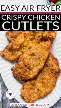 Enjoy a quick, healthy meal with these Air Fryer Chicken Cutlets! Perfectly seasoned and crispy on the outside, they're ideal for topping salads or stuffing sandwiches. Cut down on oil without sacrificing flavor in this easy-to-follow recipe. I love cooking chicken in the Air fryer because they come out so good. So if you're looking to whip up a quick and scrumptious meal that's healthy and tasty you should make this Air Fryer Chicken Cutlets recipe! | @loveandotherspices