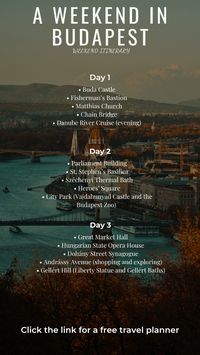 If you are going to be spending a weekend in Budapest, here is a weekend itinerary for Budapest.  Click the link for a free travel planner.