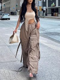 Khaki Casual Collar  Fabric Plain Cargo Pants Embellished Non-Stretch  Women Clothing