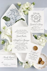 With intricate typesetting for a graceful all-script design, Greta is the ideal choice when setting the tone of your wedding day. An effortlessly timeless look with memorable beauty and charm, this suite offers a selection of crests and wreaths, as well as monogram styles for a high level of personalization and customization through artwork.