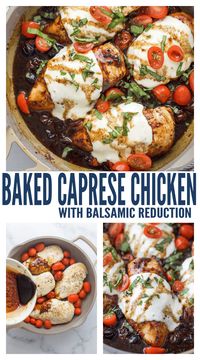 This juicy, baked chicken caprese is drizzled with balsamic reduction for a savory meal you'll love! Each bite is filled with fresh basil, melty mozzarella, and sweet roasted tomatoes for a mouthwatering chicken dinner you'll never regret making #chickendinner #chickenrecipes #bakedchicken #chickencaprese #caprese #easydinnerideas