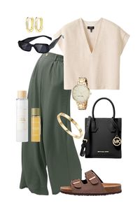 Elevate your casual style with this effortlessly chic outfit inspiration from Amazon! Featuring a versatile beige V-neck top paired with relaxed, wide-leg green pants, this look strikes the perfect balance between comfort and sophistication. Complete your ensemble with essential accessories, including a stylish pair of sunglasses, a sleek black Michael Kors handbag, and classic brown sandals for that laid-back vibe. Add a touch of elegance with gold-tone jewelry, such as a timeless watch and matching ring and earrings. Don’t forget to pamper your skin with our recommended skincare products, ensuring you look and feel your best all day. Explore these pieces on Amazon and refresh your wardrobe with this curated casual look!