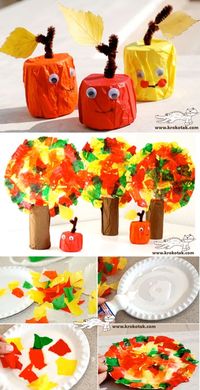 Tissue Paper Apples and Fall Trees. Made with Paper Rolls too! #fall #preschool #kidscraft