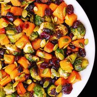 Roasted Brussels Sprouts Salad with Maple Butternut Squash, Pumpkin Seeds, and Cranberries