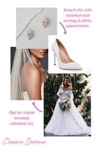 Let this romantic gown take center stage with subtle accessories for a classic and romantic wedding day look! Choose sparkly stud earrings and white pointed heels to complement the gown. And a bead-trimmed cathedral veil adds classic elegance for a simply beautiful bridal style!