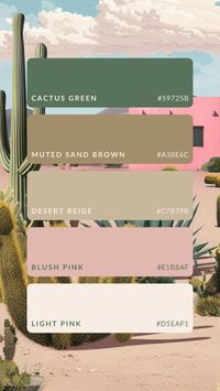 Ready to add a trendy touch to your projects? 🌵✨ This desert-inspired color palette is perfect for you! Featuring Cactus Green, Muted Sand Brown, Desert Beige, Blush Pink, and Light Pink, this palette captures the essence of the desert's natural beauty. Ideal for branding, home decor, and creative projects that need a soft yet vibrant touch. Save now for your next mood board or brand aesthetic! 💚🌸 #ColorPalette #DesertVibes #DesignInspiration #AestheticColors #BrandingIdeas #HomeDecor #CactusGreen #EarthTones #ColorTrends #PinterestInspo  Desert color palette, cactus green, soft pink, trending aesthetic, color scheme, branding inspiration, natural tones, mood board, earthy vibes, creative inspiration.