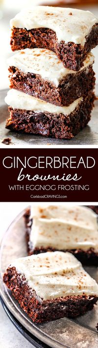 These soft and chewy Gingerbread Brownies are our family's new favorite holiday treat!  And the luscious Eggnog Cream Cheese Frosting is incredible!  I put it on everything!