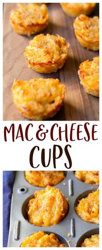 Baked Mac and Cheese Cups - this easy recipe is cheesy delicious, easy to make, and fun to eat. Each cup is perfectly portioned to serve as appetizers or snacks, or have a few and make them a meal. These macaroni and cheese bites are definitely not just for the kids and can be made gluten free. | #macandcheese #bakedmacandcheese #vegetarian #macaroniandcheese #appetizer 