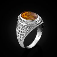 Sterling Silver Jerusalem Cross Amber Cabochon Mens Ring