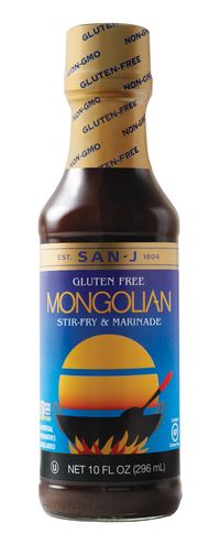 San-J’s Mongolian Sauce is the fastest, easiest and tastiest way to make authentic, restaurant quality Mongolian Beef at home. Don’t stop there – get creative! The delicious blend of sweet and savory flavors in Mongolian Sauce works equally well with chicken, shrimp and tofu. Mongolian Sauce is made from San-J’s famous Tamari soy sauce with 100% soybeans and no wheat content, certified gluten-free by the Gluten-Free Certification Organization and verified Non-GMO by the Non-GMO Project.