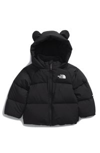 Prepare your little cub for the chilliest seasons with this water-repellent hooded jacket boasting quilted channels of down-warmed insulation. A bear-eared hood and fold-over cuffs make it easy to bundle up on the fly, while cozy fleece lining keeps pesky breezes out of your baby's perfect little microclimate. Front zip closure with chin guard Stand collar; fixed hood Fold-over cuffs help prevent accidental scratches 78 g/m² shell with non-PFC durable water-repellent (non-PFC DWR) finish Fleece