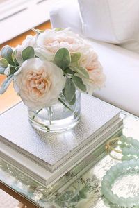 Faux silk flower arrangement as side table decor #weddingtableflowerarrangementspeonies