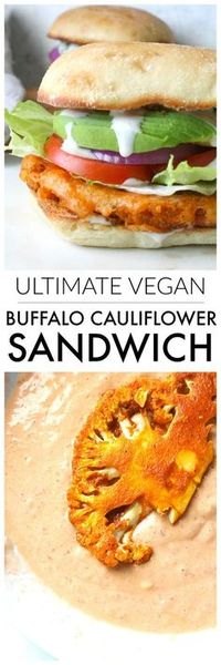 Dripping in flavor, crunch and spice, this is the Ultimate Vegan Buffalo Cauliflower Sandwich! Instructions for both baked and fried versions included | ThisSavoryVegan.com #vegansandwiches #buffalocauliflower #veganrecipes