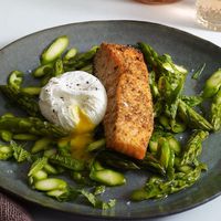 Crushed coriander seeds and lemon zest give this quick salmon recipe praiseworthy flavor that pairs beautifully with a shaved asparagus and poached egg salad. Served with a glass of white wine, this healthy recipe makes the ultimate lunch or light dinner.