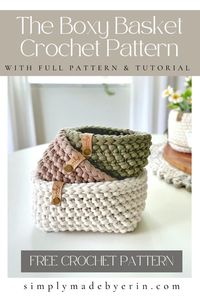 Learn how to crochet a square crochet nesting basket with this free and easy crochet pattern, The Boxy Basket, on The Simply Made by Erin Blog. The pattern includes written and video instructions and is made with super chunky yarn.