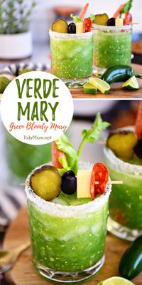 Tomatillos give the traditional Bloody Mary a green twist for a Verde Mary or Green Bloody Mary. A spicy colorful take on the classic cure-all cocktail. Print the recipe at TidyMom.net #bloodymary #cocktails #cocktailrecipes #verde #green