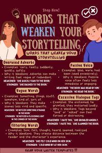 Words That Weaken your writing/ storytelling of your writing. Strengthen Your Writing by Cutting These Weak Words ✍️✨ Want to make your writing more powerful? Discover common words that weaken your writing and learn how to replace them with stronger alternatives. Perfect for writers looking to craft sharper, more engaging prose that captivates readers!  #weakwords #writingtips #strongwriting #editingadvice #novelwriting #fictionwriting #creativewriting #amwriting #writingcommunity #writinghelp #writingadvice #betterwriting #authorlife #storybuilding #selfediting #writersofpinterest #powerfulprose #writingmotivation