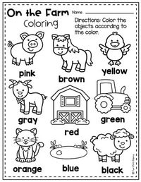 This farm coloring page incorporates a farm worksheet that works on color recognition.