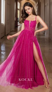 Be the belle of the ball in our Charming A-Line Appliques Glitter Knit Formal Gown. The glitter knit adds a touch of sparkle as the appliques add intricate detail. The A-line silhouette is flattering on all body types and the spaghetti straps provide support for a night of dancing. With a daring slit, you'll turn heads all night long.