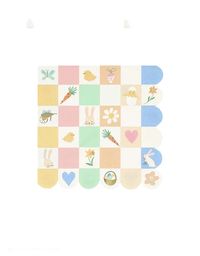 Momo Party's 6.5" x 6.5" Easter Icon Checkerboard Large Napkins by Meri Meri. Comes in a set of 16 napkins, these pastel checkerboard scalloped edged napkins feature iconic Easter themed illustrations including Easter bunnies, Easter baskets, Easter eggs, carrots, butterflies, chicks, hearts and flowers. The playful design in soft pastel colors are totally darling for a adorable Easter celebration.