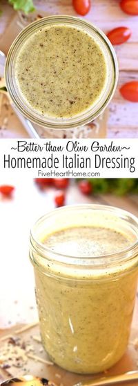 "Better than Olive Garden" Homemade Italian Dressing ~ this all-natural, zesty salad dressing is economical, easy to make, delicious on salads, and makes an excellent marinade! | FiveHeartHome.com