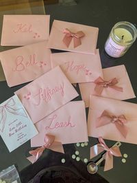 birthday invitations, handmade invitations, bow themed birthday invitations, bow envelopes, diy invitations, diy envelopes, diy party invitations, diy birthday invitations, birthday invitation templates, coquette invites, coquette aesthetic