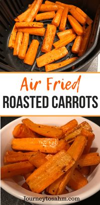 Delicious air fried roasted carrot recipe. Enjoy healthy carrots in half the time cooked in an air fryer. An easy side dish for family dinners and weeknight meals. A perfect healthy carrot recipe that is delicious and quick. #airfryer #healthycooking #airfryerrecipes #easyairfryerrecipes