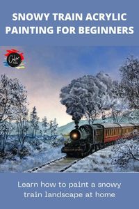 Step by step video tutorials of train in the snow acrylic painting on canvas. Learn how to blend colors and paint the snowy train, how to draw the railroad in snow, make a realistic snowy landscape scene. Trees and snow color blending and mix the right background color.