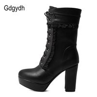 Gdgydh 2022 Autumn Winter Short Boots For Women High Hoof Heels Lace-up Ankle Strap Buckles Female