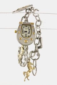 Horse Shoe Five Charms Bracelet Silver Fashion Western Jewelry Horseshoe Bangle. The charm that looks like a watch is a charm. 9 Inches.....Chain and Charms are heavy and well made. (E)