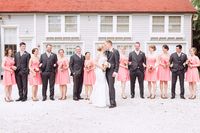 Pink bridesmaid dresses, gray suits, bridal party, bridesmaids, groomsman, large wedding party, historic house, wedding venue, Florida wedding, Fort Myers, short bridesmaid dresses, spring wedding, summer weddings, warm weather wedding, bride, groom, couple, marriage, wedding photography ideas, wedding inspiration.