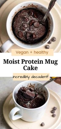 Amazingly moist and decadent, this chocolate protein mug cake is the perfect healthy snack or dessert with around 15g of protein! It is incredibly easy to make and is ready in 5 minutes. This vegan protein mug cake also happens to be gluten-free and dairy-free too.