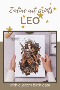 Looking for the perfect Leo gift? This vibrant and beautiful art print features a courageous red-haired woman in an orange dress that transforms into the night sky with the Leo constellation. Customize it with a birthdate or get it without text.  #LeoSeason #LeoGifts #CustomGift #ZodiacPrint #BdayGift #BirthdayGiftIdea