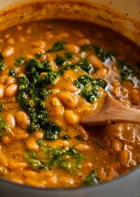 Close up of freshly made pot of El Bulli Bean Soup with Picada