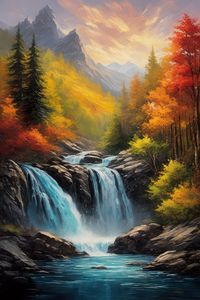 Immerse yourself in the vibrant embrace of autumn's palette in this wilderness scene. A symphony of colors blankets the landscape, as a waterfall cascades down rugged cliffs into a rocky river below. Towering mountains stand proudly on the horizon, completing this enchanting tableau of nature's seasonal masterpiece.