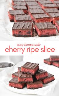 Cherry Ripe lovers will absolutely love this chewy coconut and cherry slice topped with chocolate.