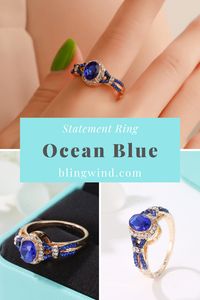 Are you looking for a statement ring for cocktail party? This Sapphire Blue Cubic Zirconia Solitaire Halo Ring is suitable for you. The blue and transparent multi-surface polished cubic zirconia stones will be more shining and unique. You are the star in the party. #statement #cocktail #party #sapphire #ring #fashion #jewelry