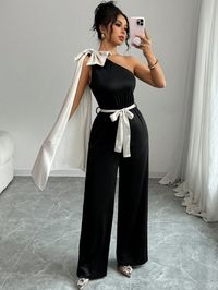 Elegant Color Blocking Ribbon Bow Decor Romper