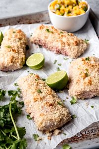 This baked Macadamia Nut Crusted Mahi-Mahi recipe is a delicious, easy fish recipe that is super simple, but fancy enough to impress company!  And it can be made from start to finish in under 30 minutes! #fish #mahimahi #easy #recipe #seafood #dinner #healthy #macadamianuts #hawaii #hawaiian #coconut #lime #baked #oven