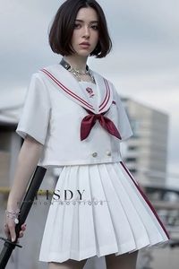 Fisdy - Vestido marinero de uniforme universitario de primera calidad con elegante falda de cintura alta