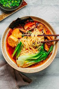 This bowl of hot noodles is so satisfying, it has layers of complex flavors, spices, and textures. The broth is flavored with earthy miso and just a touch of chili oil. The delicious flavors encourage you to slurp your noodles with a smile!