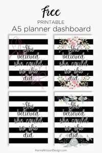 Free printable planner dashboard | She believed she could Word art | Add this inspiring dashboard to your planner and feel motivated every time you open it up | #planner #printable #wordart #filofax #freeprintable #happyplanner #A5