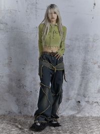 Taboo Romance Original Design Retro Millennium Spice Girl Y2K Old Washed Raw Edge Loose Straight Jeans Women - ARCANA ARCHIVE