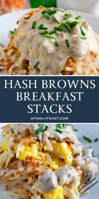 This Hash Browns Breakfast Stack is my idea of the ultimate breakfast or brunch! It’s layer upon layer of all of my favorite breakfast foods: crispy fried hash browns, scrambled eggs, cheddar cheese (times two) and – oh yeah – a generous spoonful of some fantastic sausage gravy on top! #breakfast #hashbrownsbreakfaststack